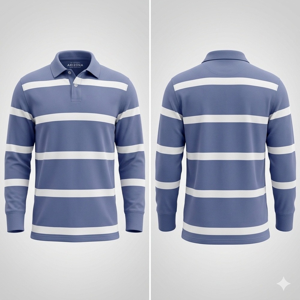 Arizona Boys Polo Long Sleeve Shirt L 14/16 Smoke Blue White Stripe Rugby Cotton